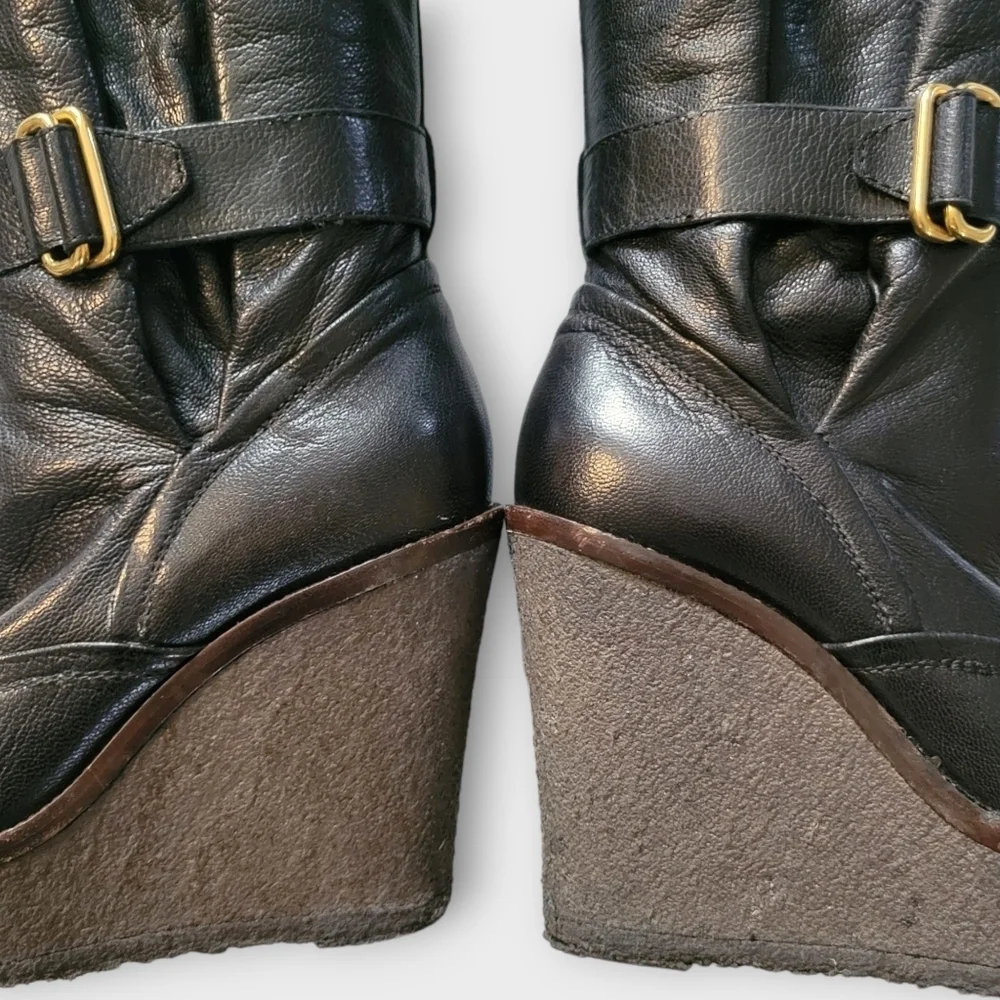 YSL Yves Saint Laurent Tall Black Leather Wedge Boots Vintage 90s Y2K - Picture 14 of 16